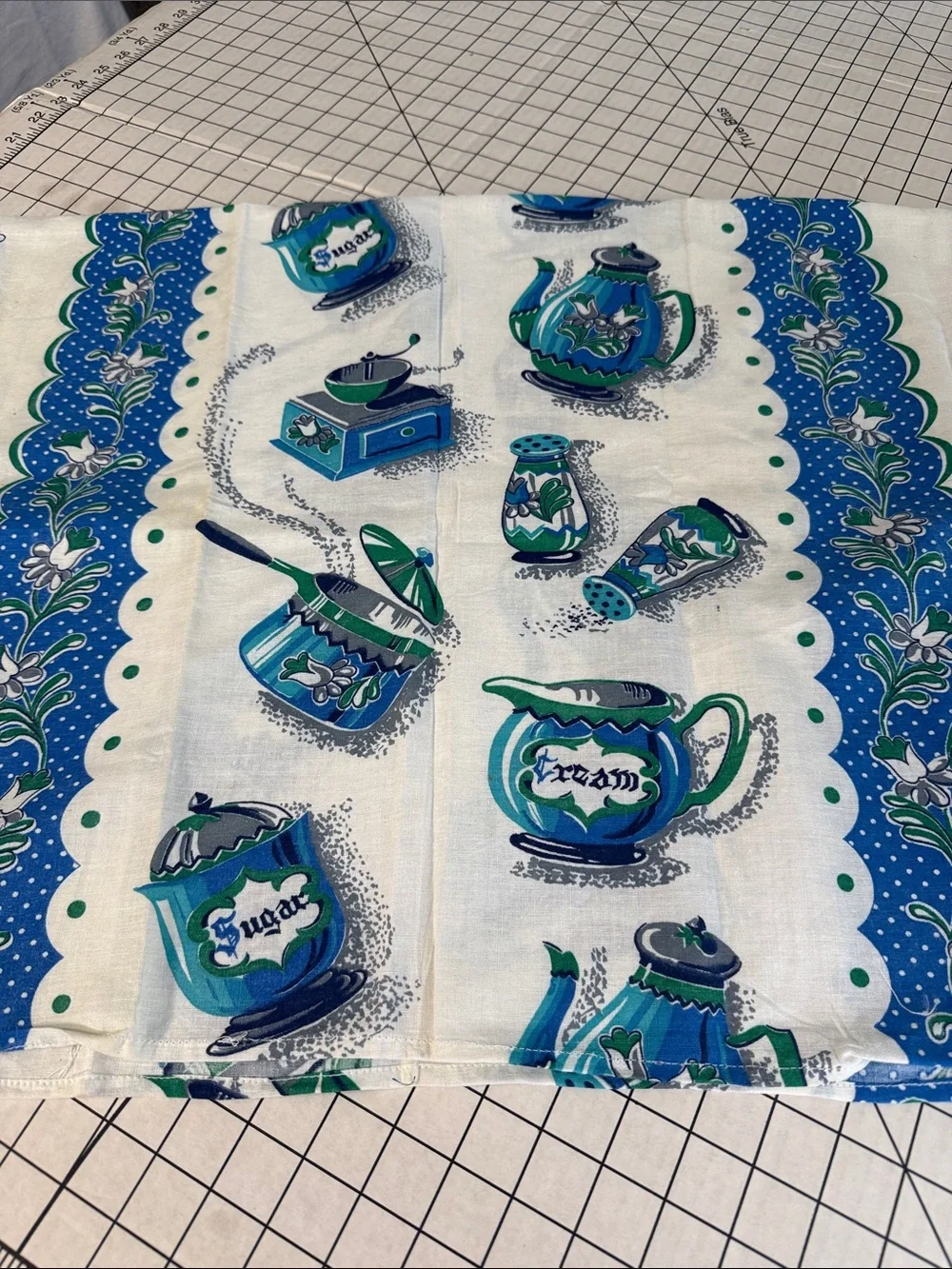 Vintage 1970s Handmade Blue Green Kitchen Tablecloth 42x36 Coffee Pot Sugar Bowl